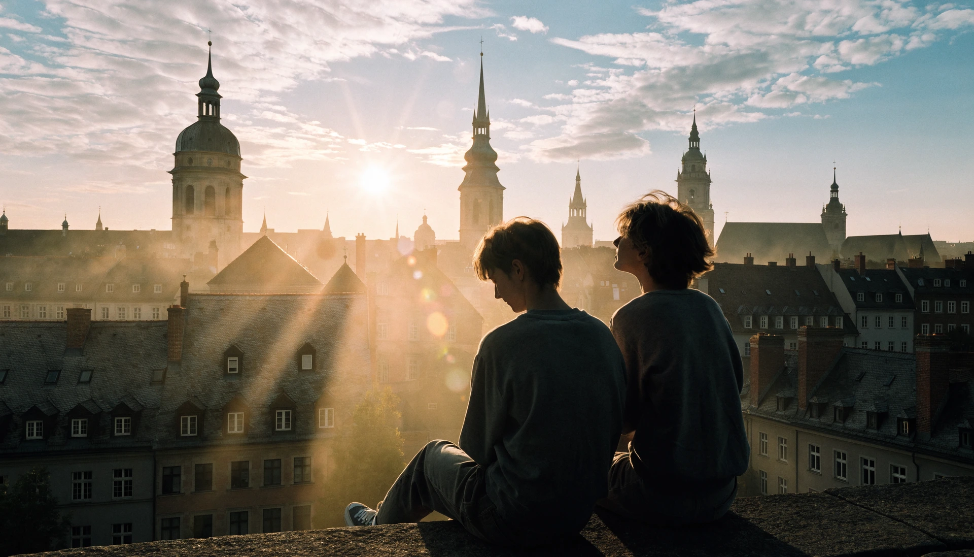 Zwei Silhouetten auf einem Münchner Dach zur goldenen Stunde