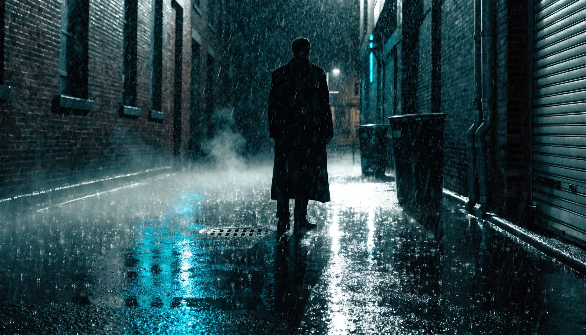 Regennasse Neon-Gasse bei Nacht, eine Silhouette im Mantel