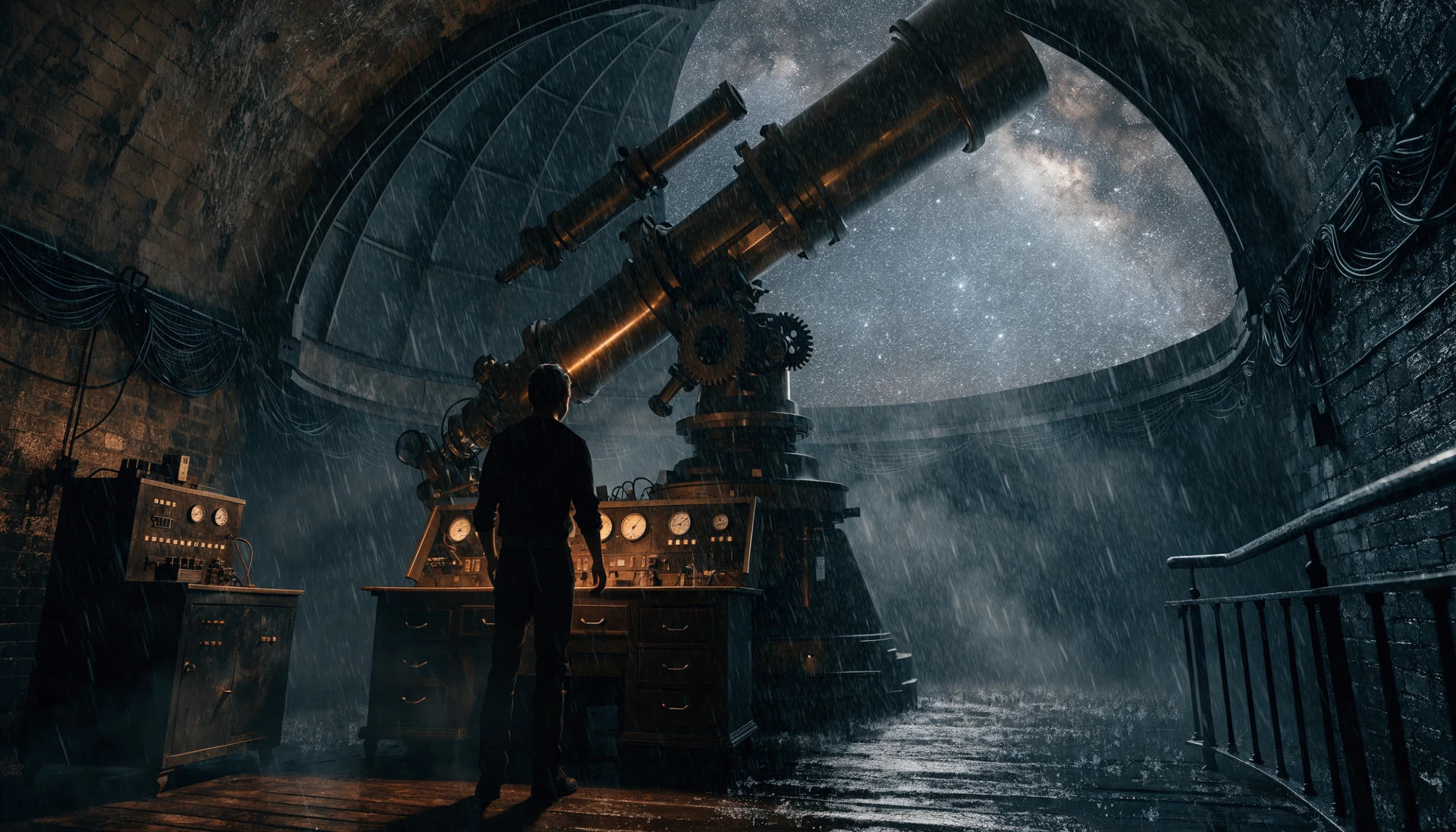 Retro-futuristisches Observatorium mit Messing-Teleskop unter dem Sternenhimmel