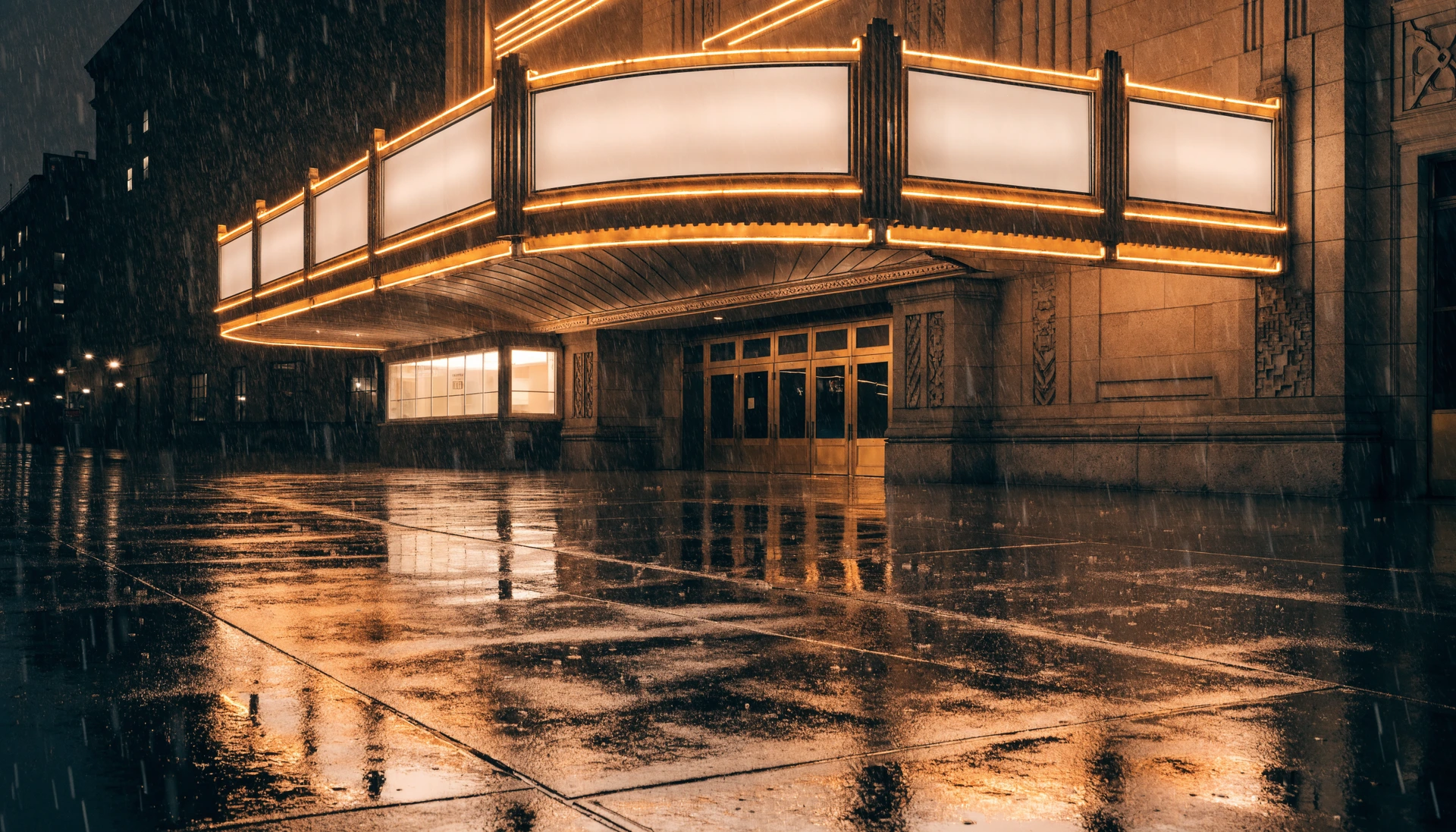 Art-déco-Kinofassade bei Nacht im Regen mit leuchtender Marquee