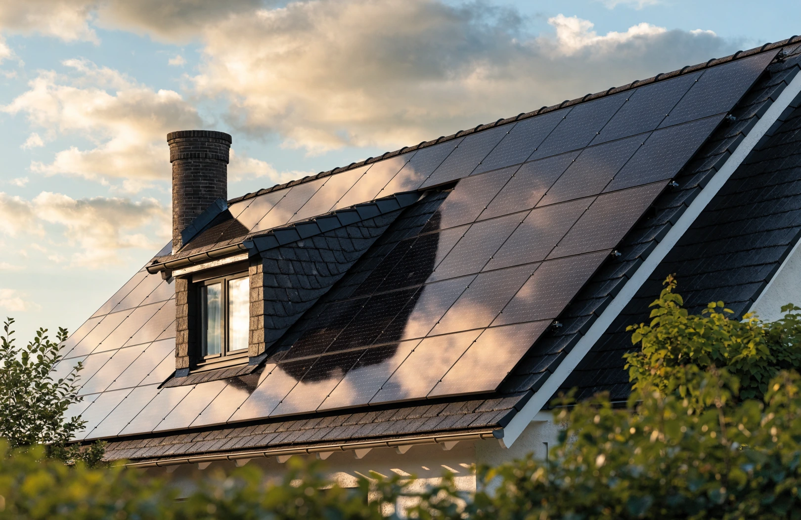 Einfamilienhaus-Dach mit schwarzen Photovoltaik-Modulen im Abendlicht