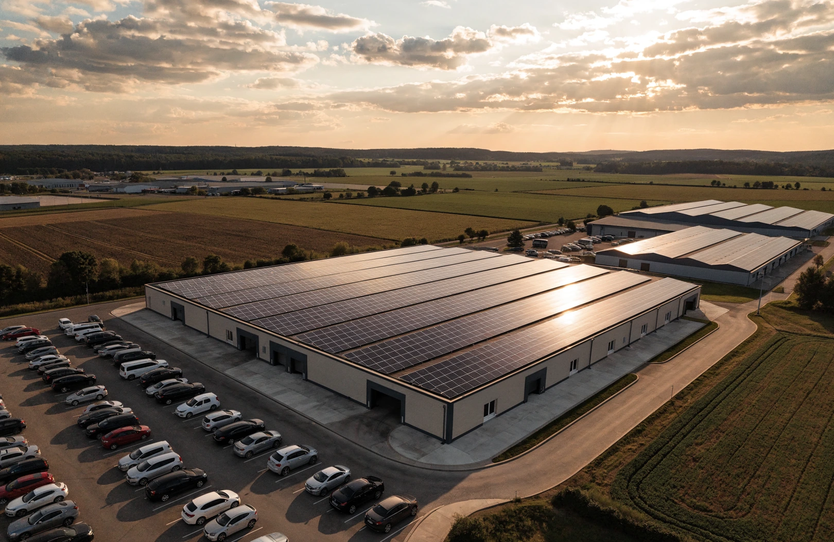 Gewerbehalle mit Photovoltaik-Reihen auf dem Flachdach aus der Luft