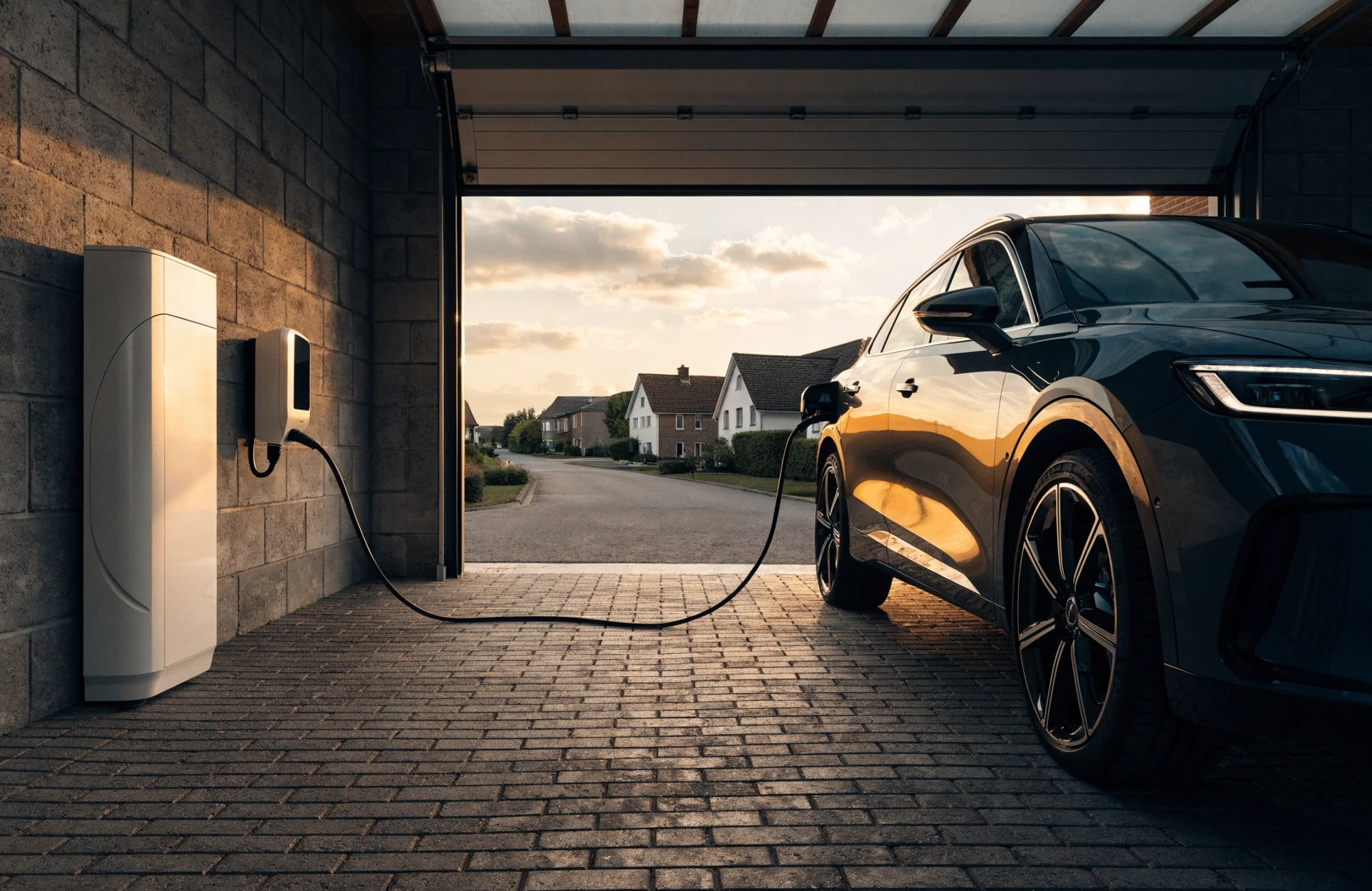 Batteriespeicher und Wallbox mit E-Auto in einer modernen Garage