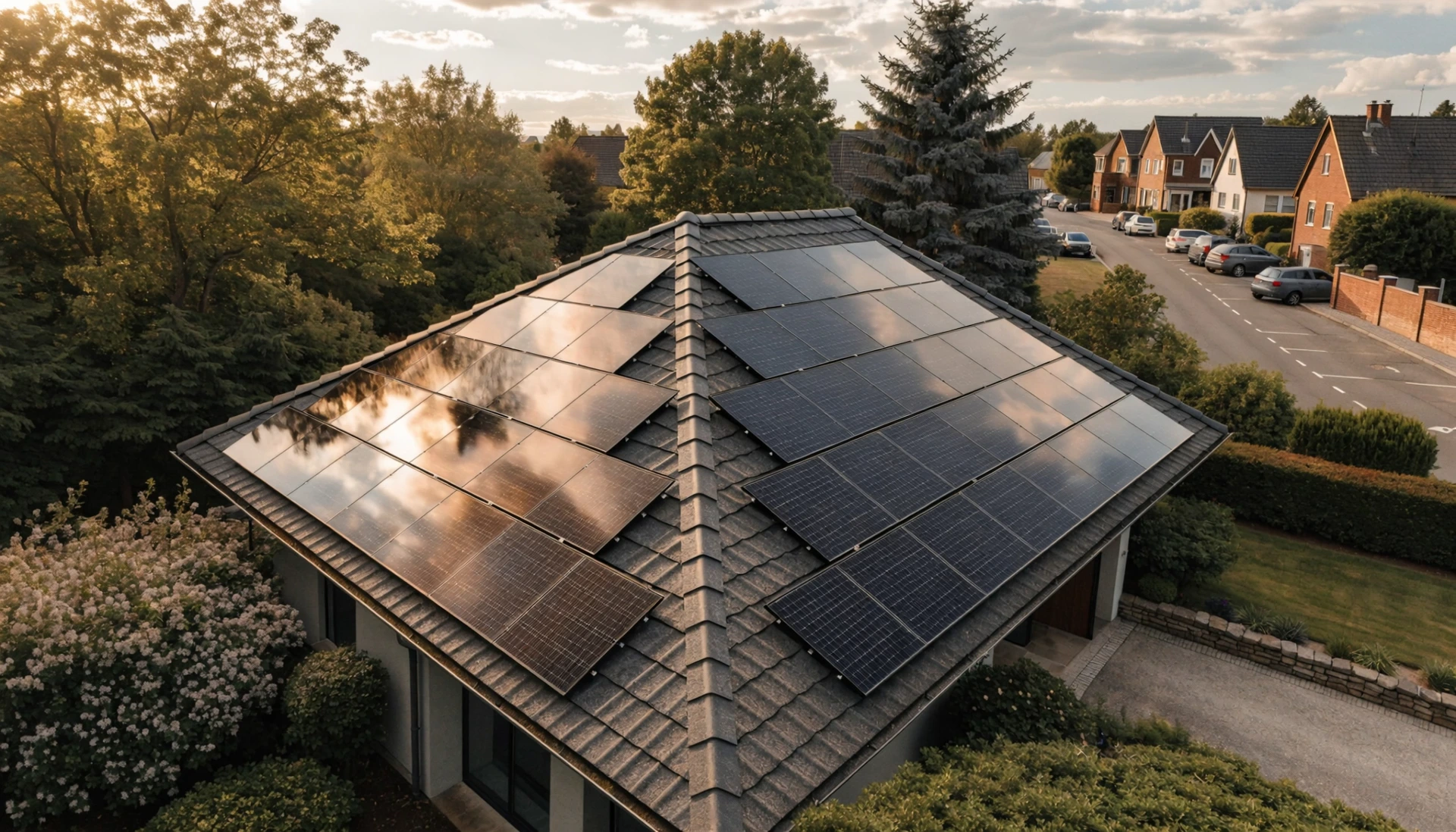 Drohnenaufnahme: Einfamilienhaus mit vollflächiger Photovoltaik-Anlage im Abendlicht