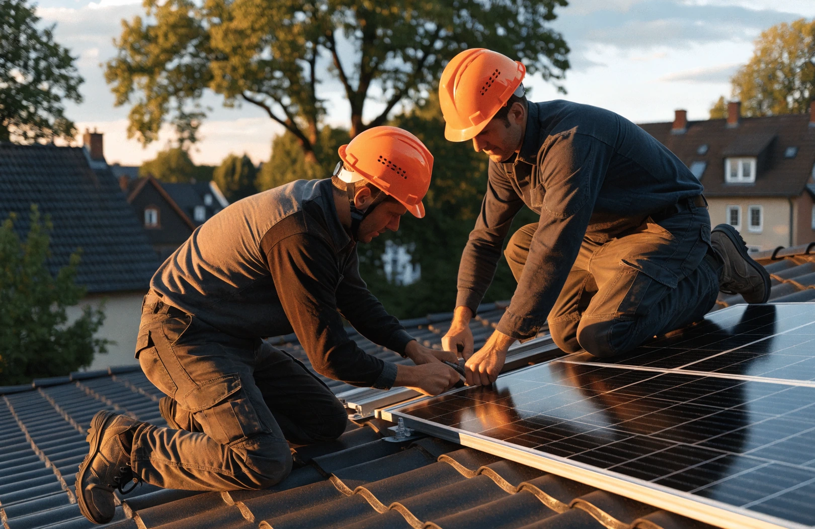 Zwei Sonnwerk-Monteure montieren ein Solarmodul auf einem Ziegeldach