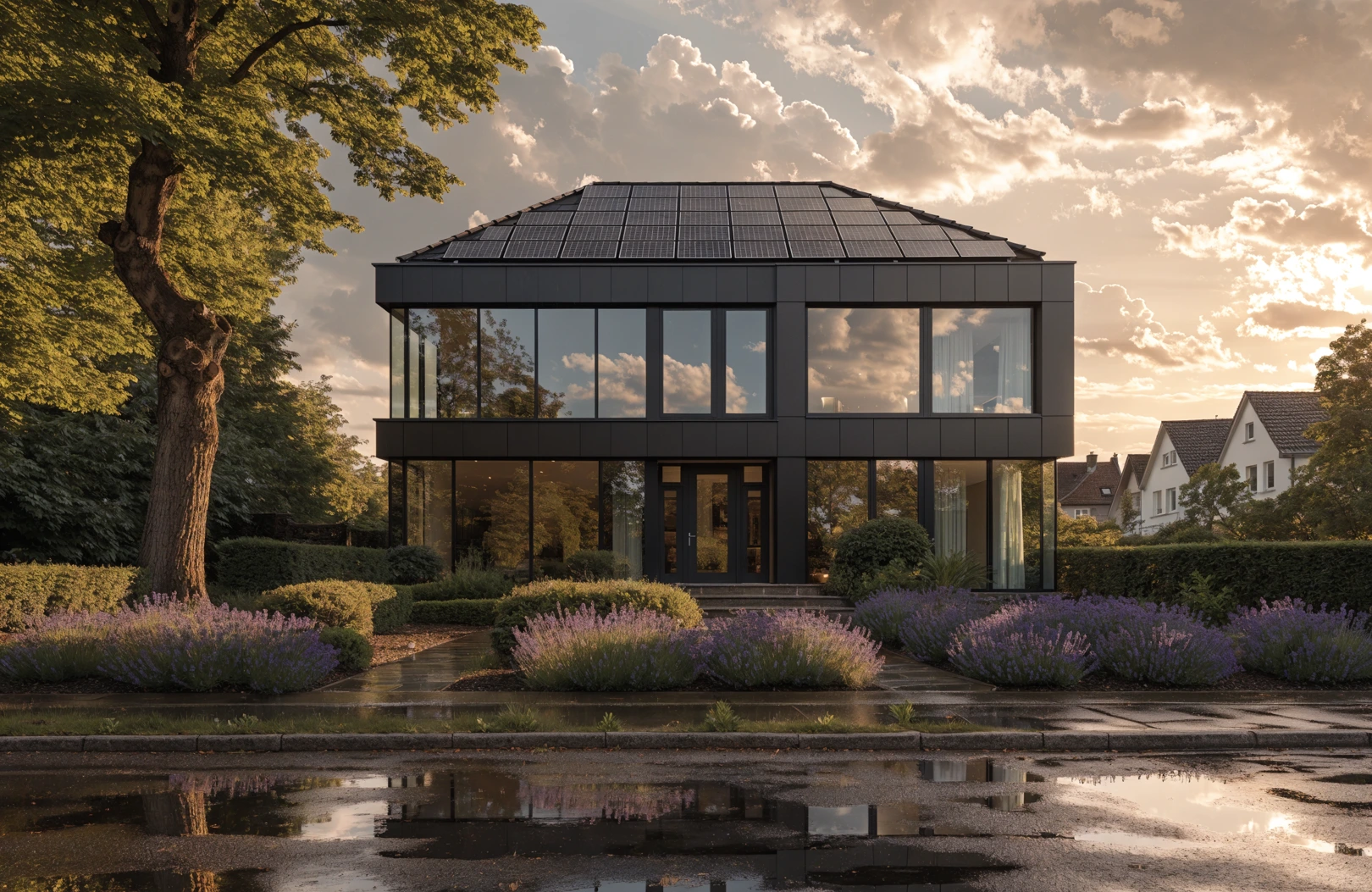 Stadtvilla mit vollflächiger Photovoltaik auf dem Walmdach