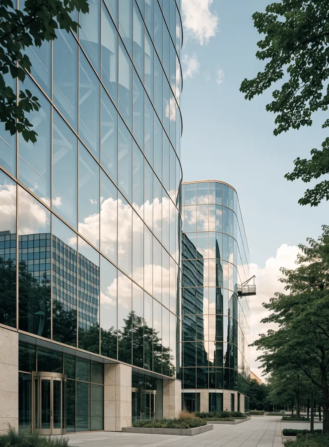 Gereinigte Glasfassade eines Bürocampus
