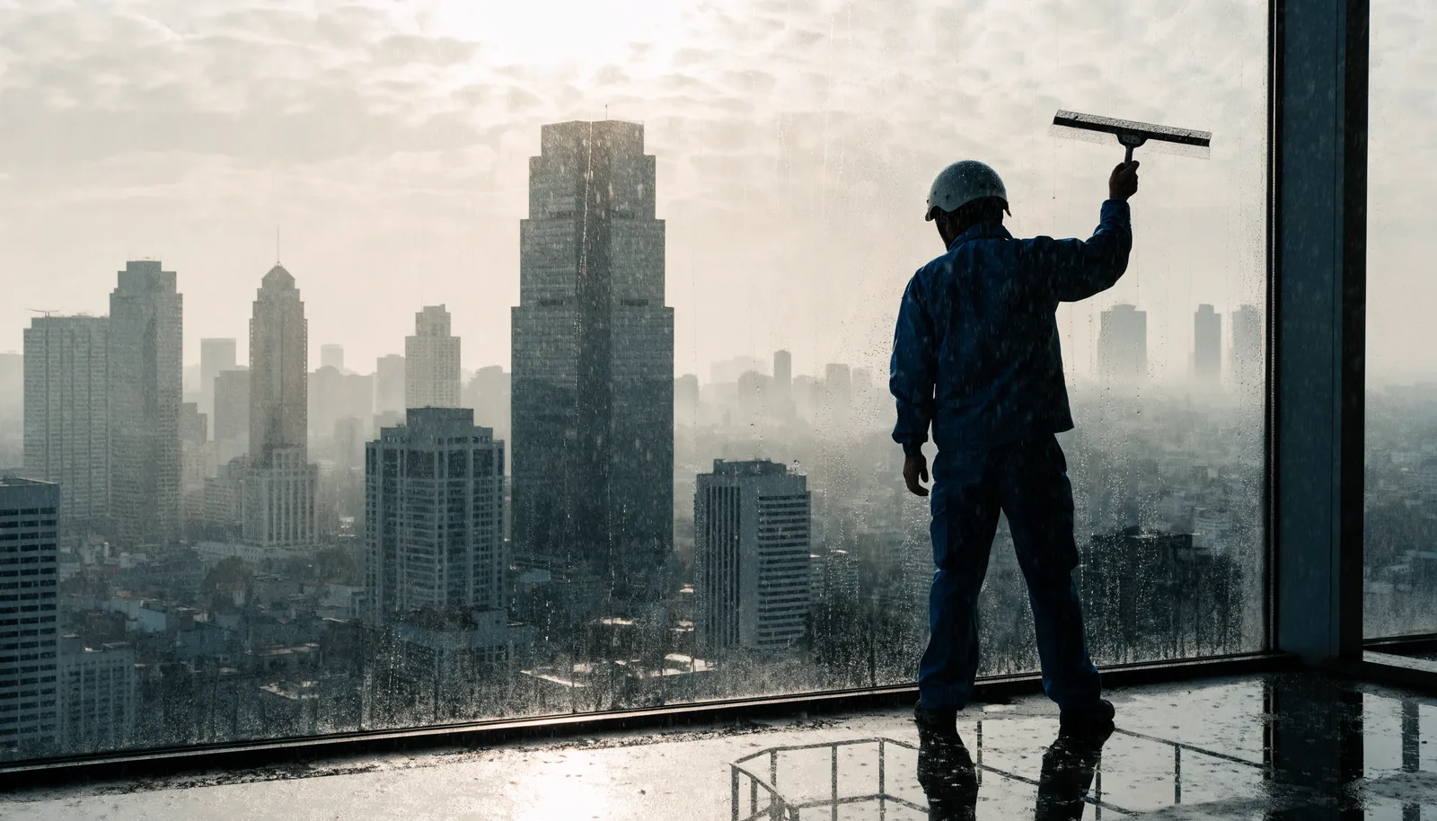 Fensterputzer vor der Skyline im Morgenlicht