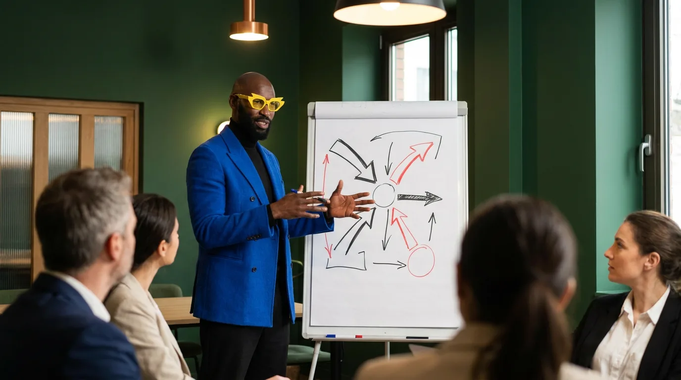 Jaro Voss erklärt am Flipchart in grünem Seminarraum