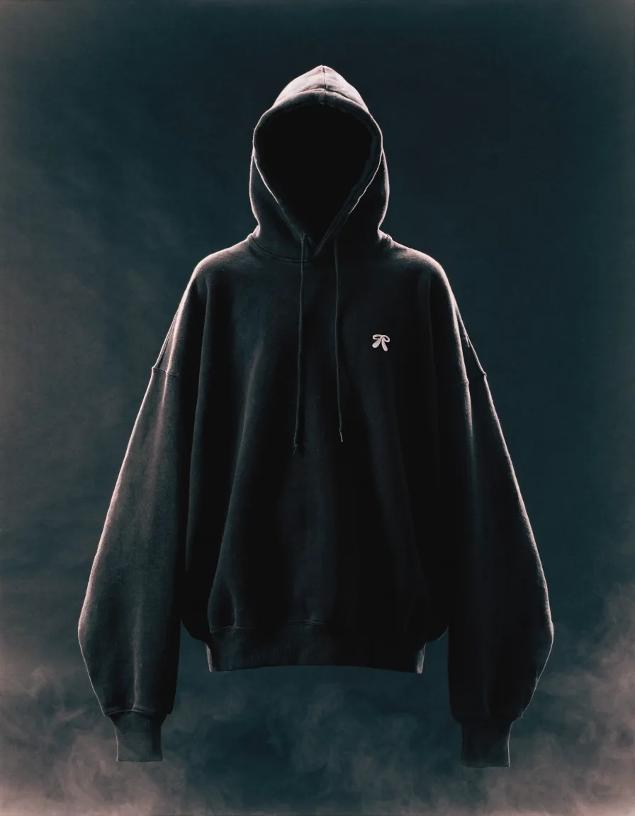 Hoodie 002 in Asphalt-Schwarz, schwebend im Studio